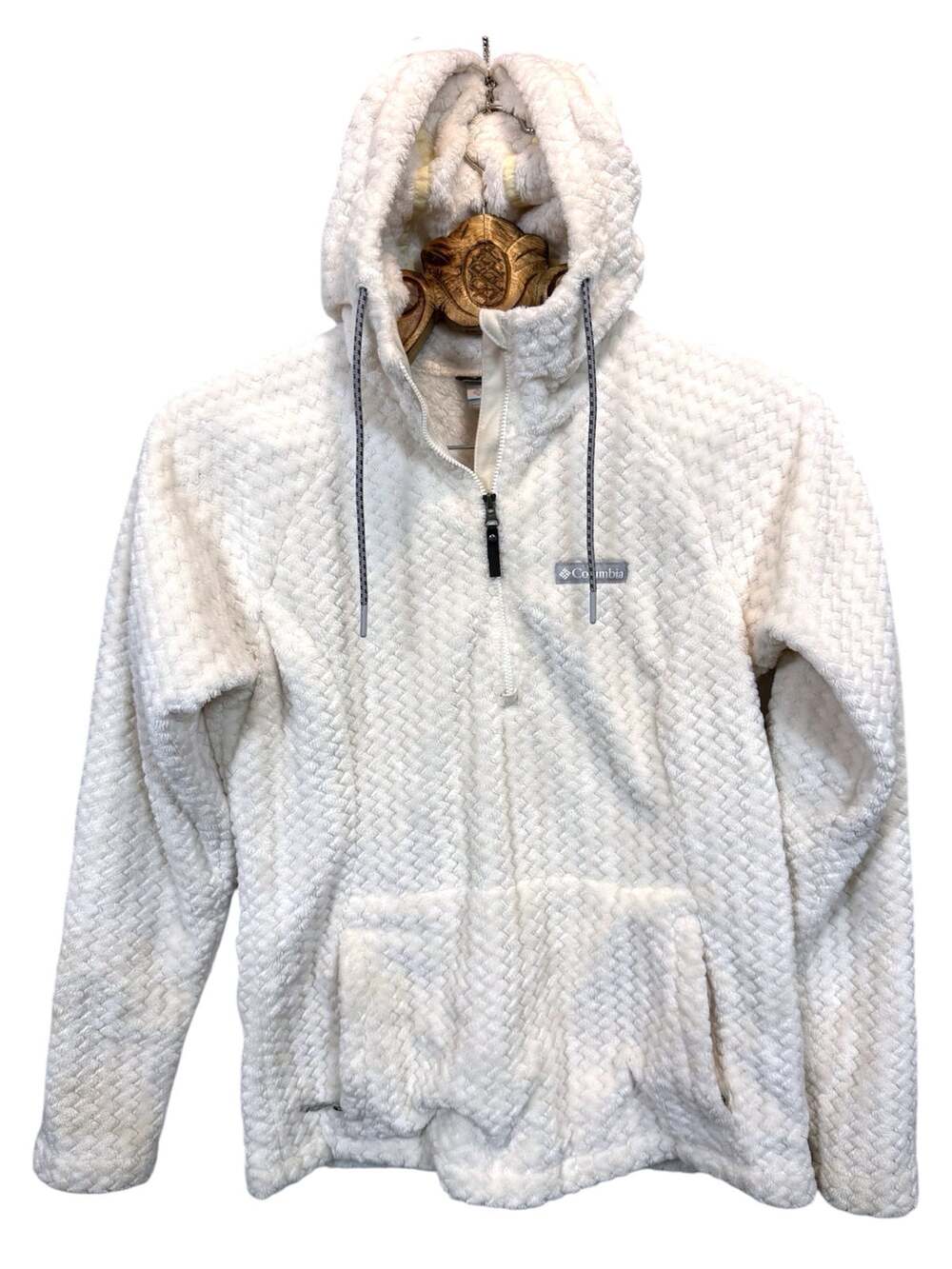 Columbia Hooded Quarter Zip Fuzzy Fleece White Ecru Pullover With Pocket xs